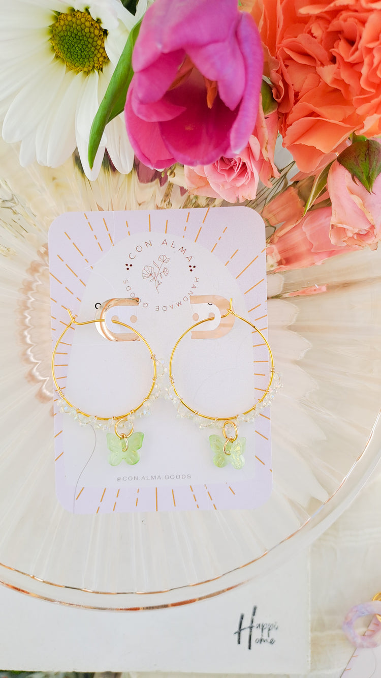 Green Beaded butterfly hoops