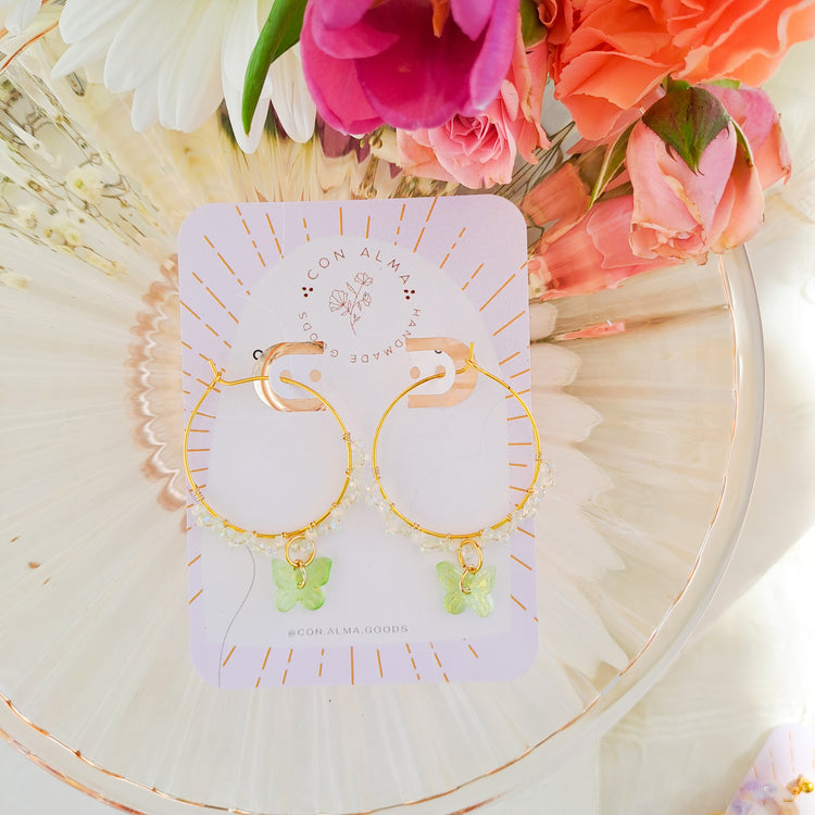 Green Beaded butterfly hoops
